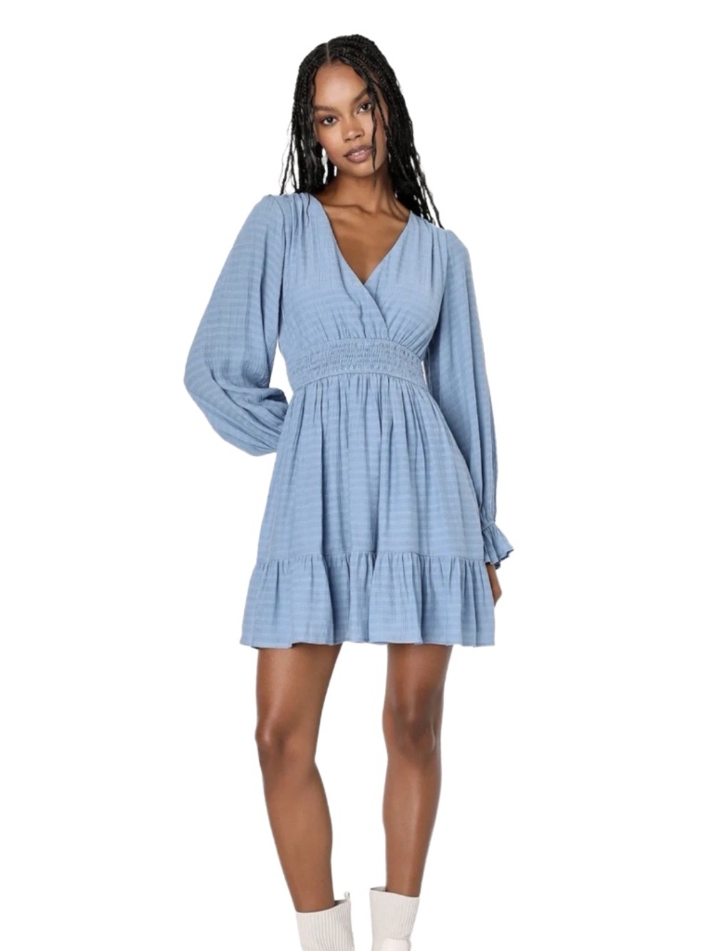 Lulus Pretty Charming Slate Blue Striped Tiered Long Sleeve Mini Dress - Size S
